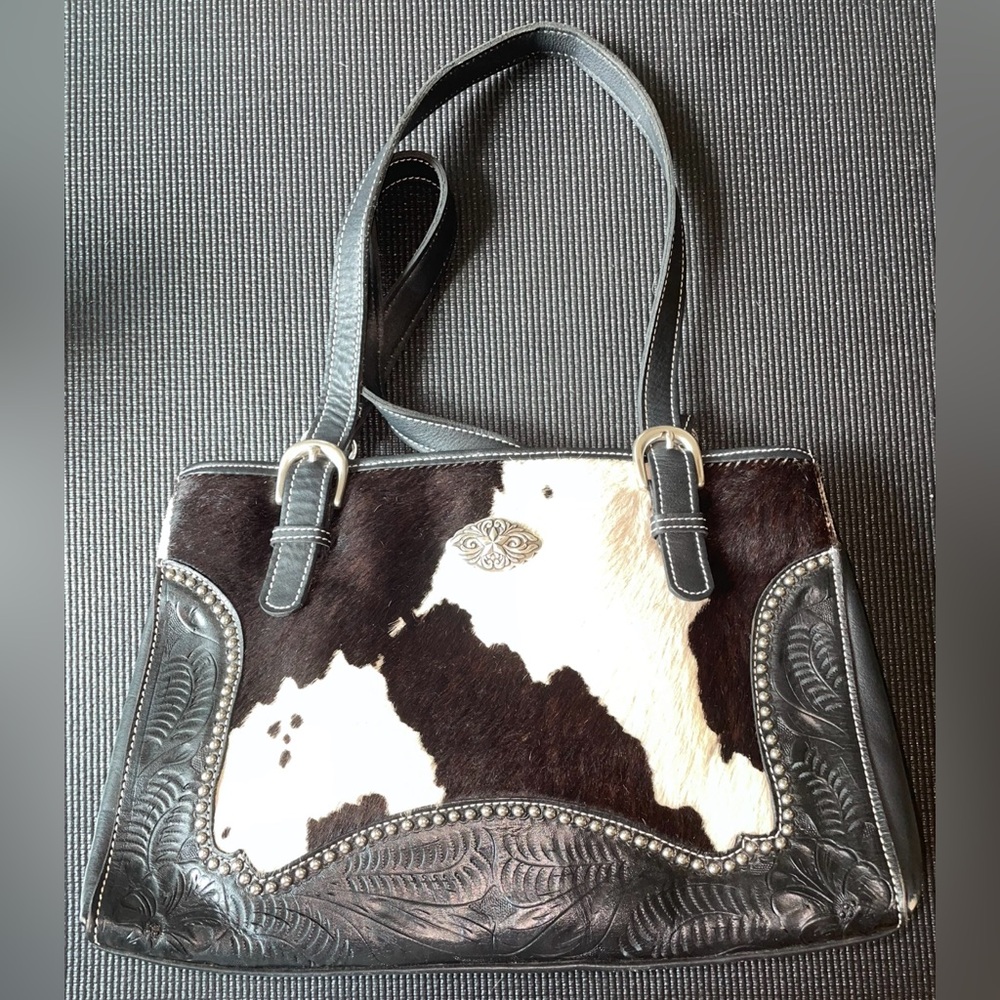 American West Brown Hand
Tooled Leather Cow Print
Purse Shoulder Bag Tote